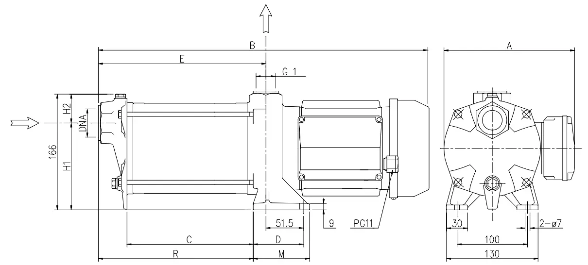 Bản vẽ kích thước máy bơm ly tâm trục ngang đa tầng cánh Ebara Compact với đầy đủ kích thước lắp đặt, cổng hút xả, chiều dài và vị trí chân đế
