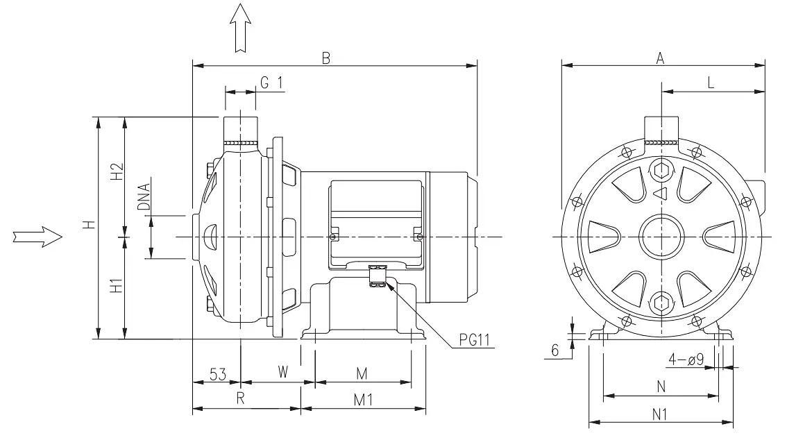 Bản vẽ kích thước tổng thể bơm ly tâm 1 tầng cánh Ebara CD, thể hiện các thông số kích thước lắp đặt, chiều cao, chiều dài và kích thước mặt bích