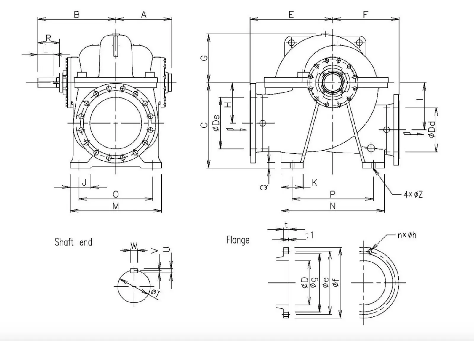 Bản vẽ kích thước máy bơm trục trần Ebara CB với các thông số lắp đặt, mặt bích, đầu trục và kích thước tổng thể phục vụ thiết kế hệ thống.