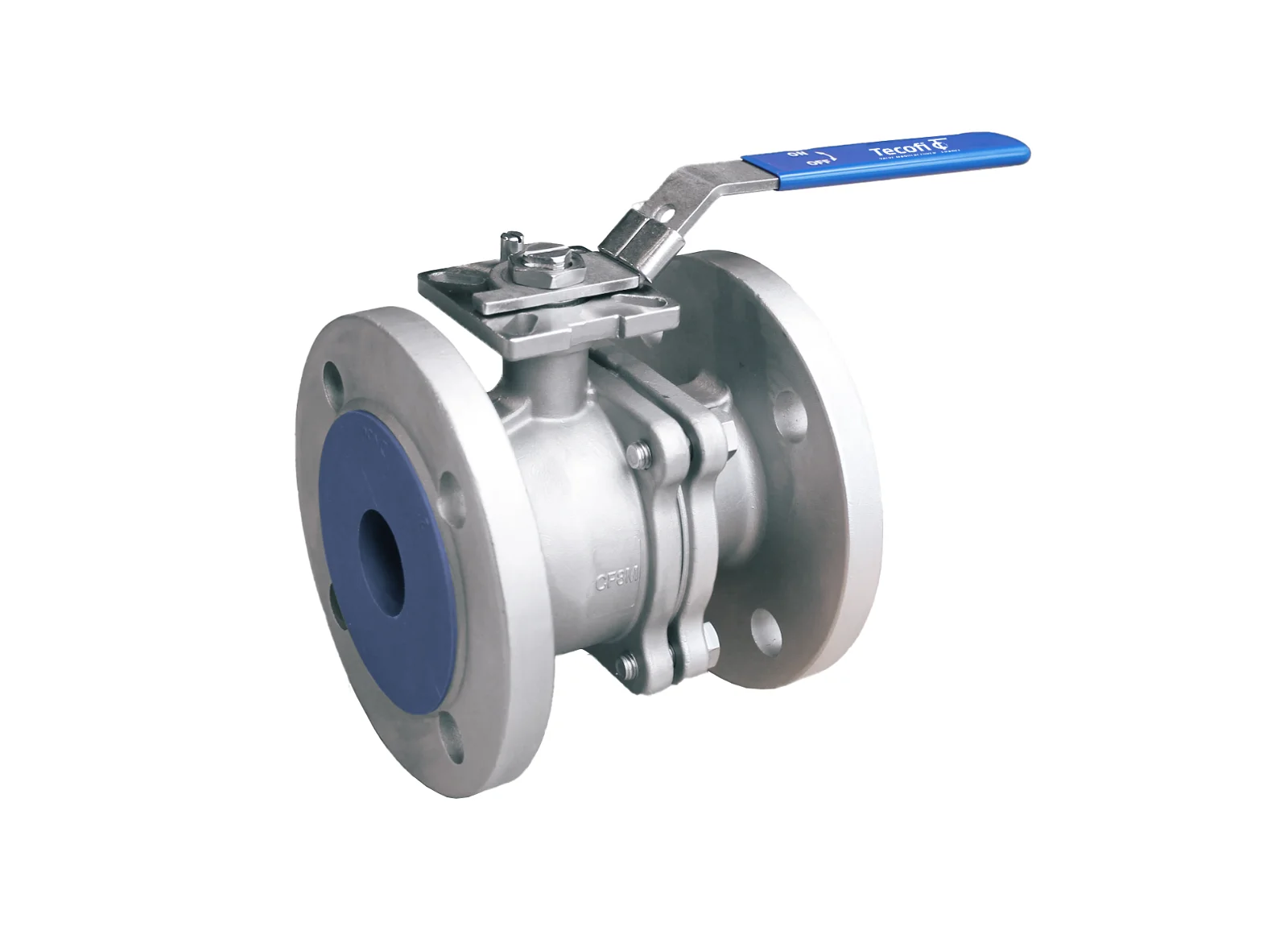 Van bi TECOFI inox 2 mảnh mặt bích DN15–DN200, đế PTFE